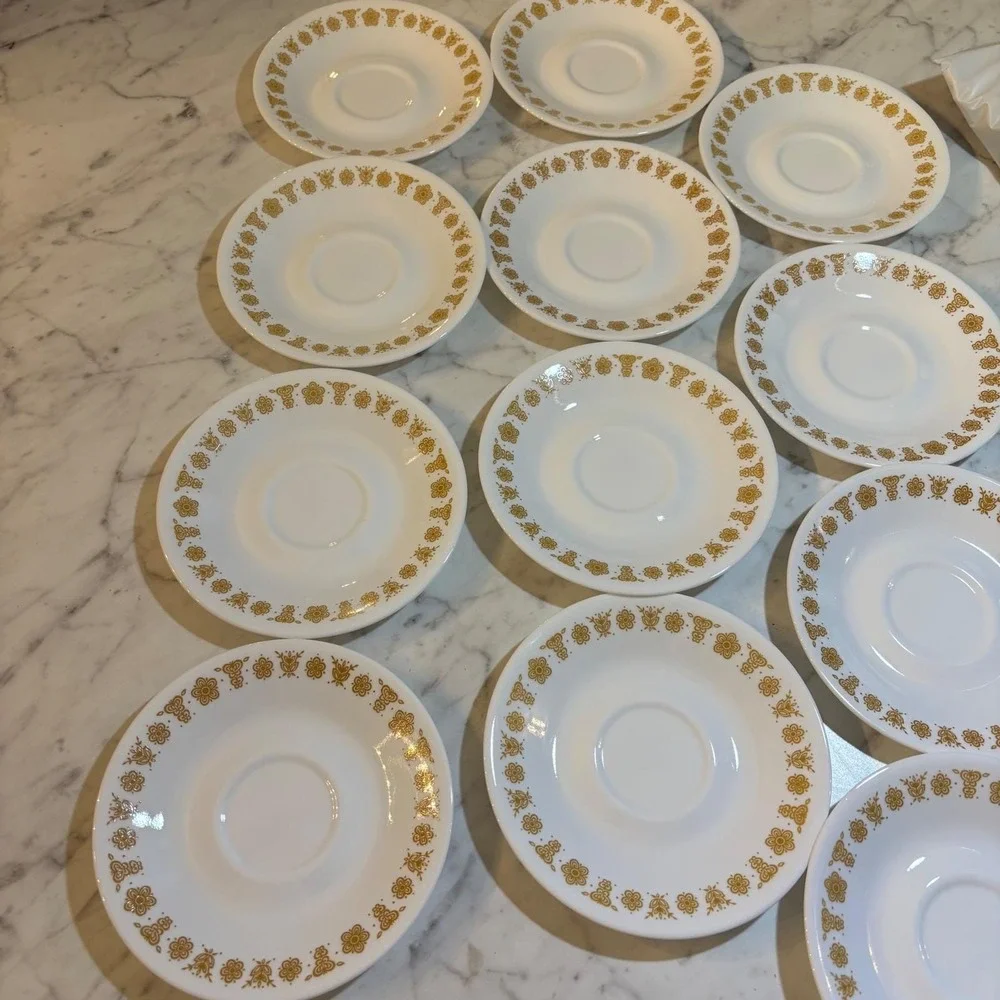 12 Vintage Corelle Butterfly Gold Saucers Corning Vitrelle White Gold Floral Set